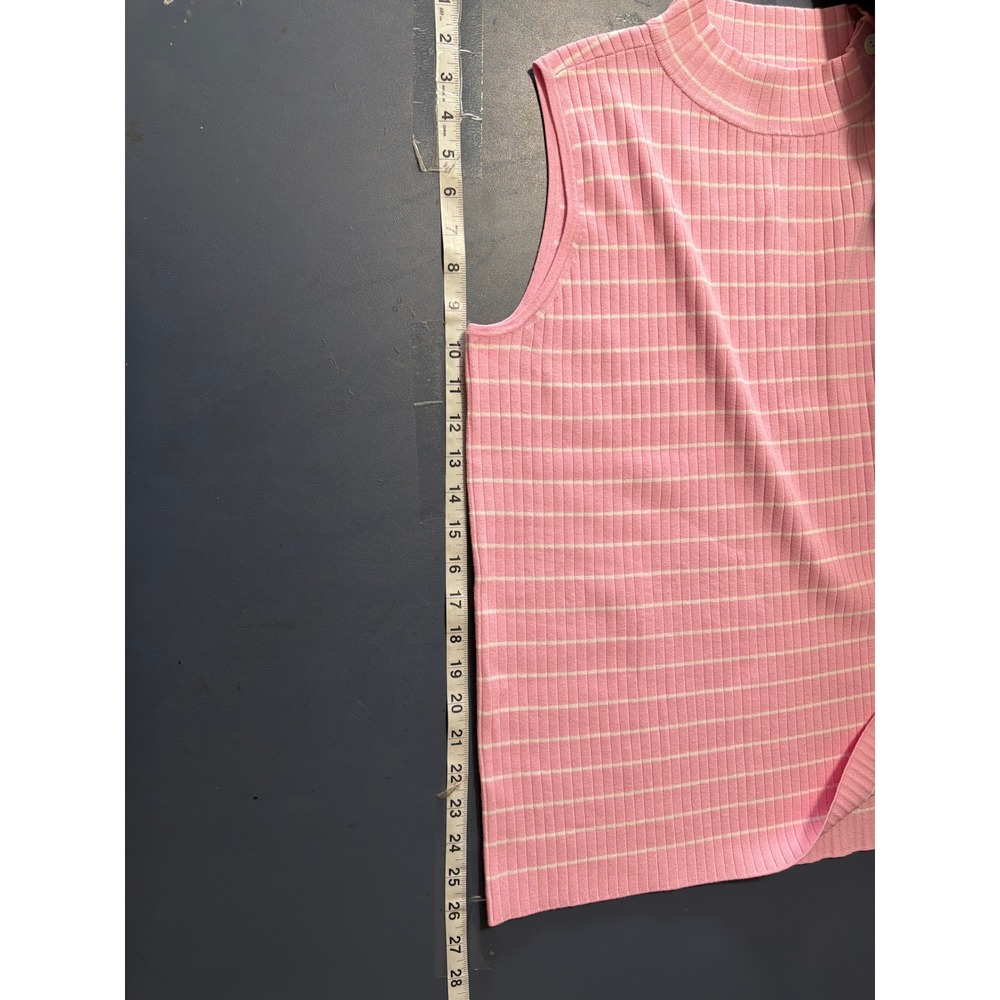 Talbots Plus Pink Shirt 1X White Striped Sleeveless Mock Neck Button Shoulder - Picture 2 of 9